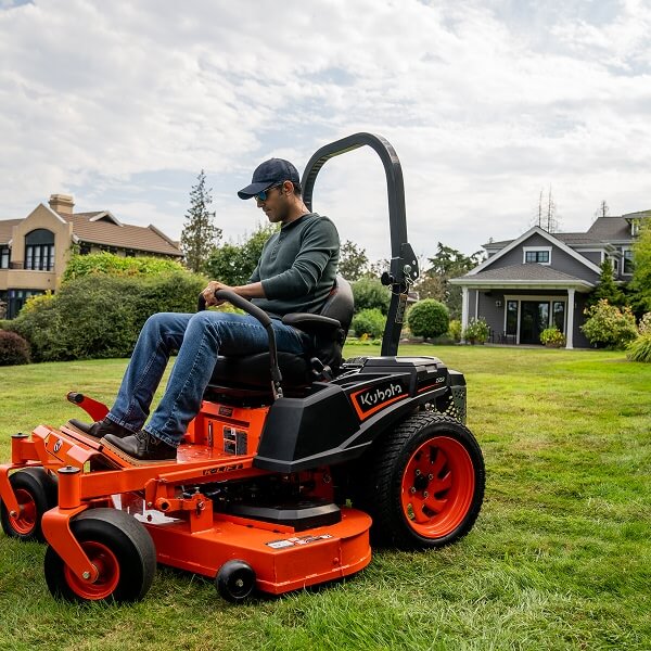 Un véhicule côte-à-côte (UTV) utilitaire Kubota rouge ou orange stationné dans un champ ou une ferme, avec sa benne arrière chargée d'équipements, illustrant sa capacité de transport et sa polyvalence sur le terrain.